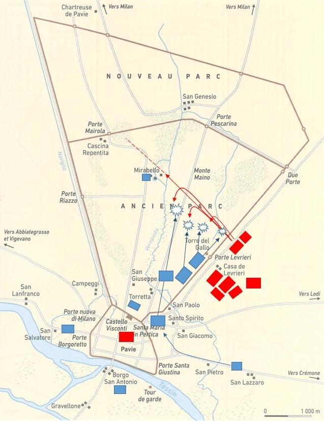 Mapa de la ciudad de Pavía y el Parque Visconteo. Se muestran las principales referencias y, de manera muy esquemática y aproximada, la disposición previa de las fuerzas francesas (en azul) e hispano-imperiales (en rojo), la noche del 23 al 24 de febrero (previa a la batalla). Fuente: ilustración del libro de Julien Guinand "Pavie 1525" (Ed. Ministère des Armes, 2025) con modificaciones del autor.