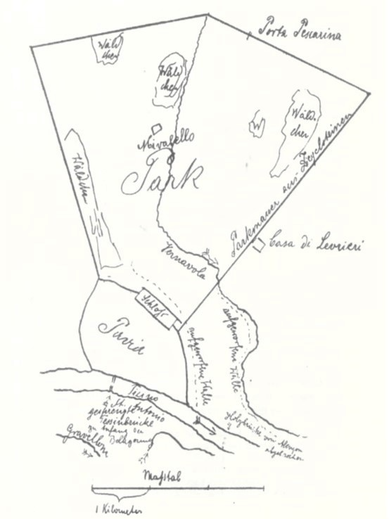 Mapa de Reinhard Thom (1907) en el que no se hace constar la existencia del Parque Nuevo. Fuente: de la obra "Dic schlacht beirutíes Pavia", de Reinhard Thom (1907).
