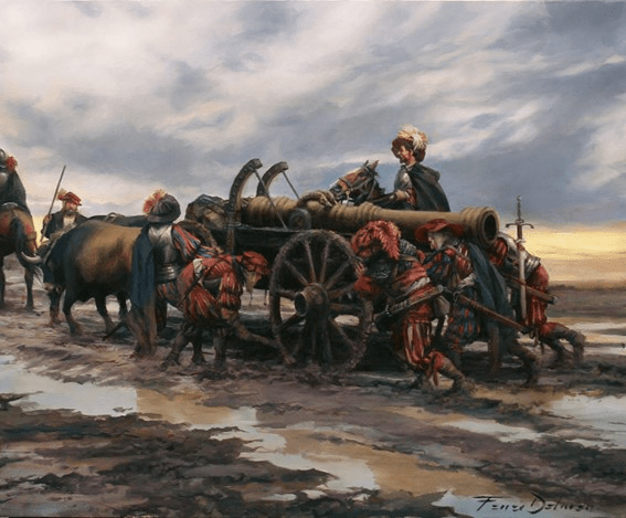 Transporte de la artillería en el Ejército de Carlos V (cuadro de Augusto Ferrer-Dalmau).